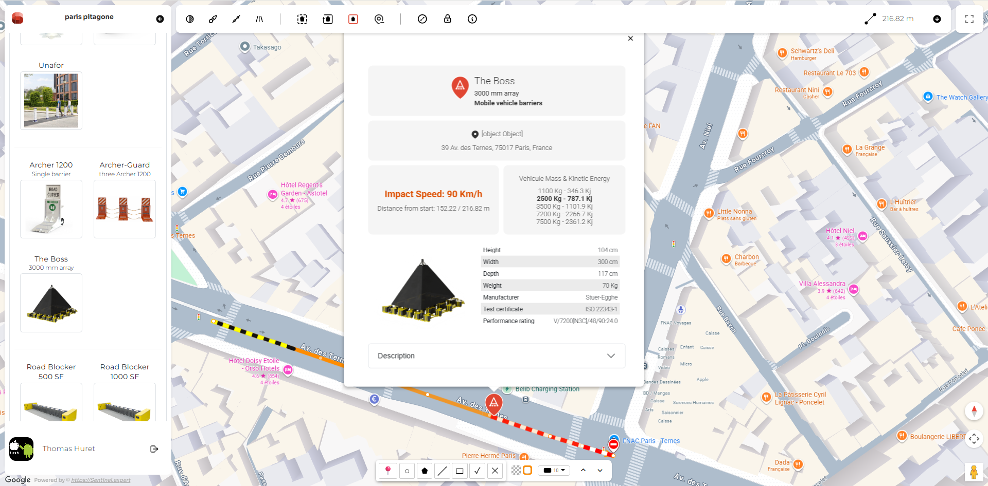 Sentinel planning interface with vehicle scenario parameters and a site map